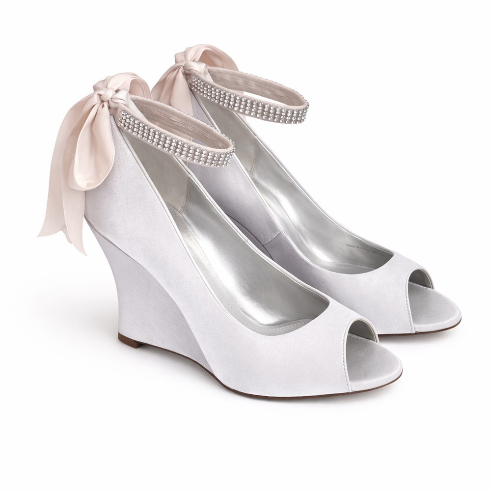 Nina New York Emma Wedge Heels Ivory Satin Crystal Ankle Strap Wedding Prom 7.5